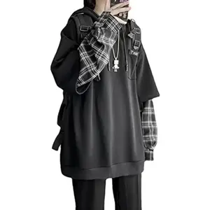 Emo Streetwear Vintage Hoodie Women Men Oversized Sweatshirt Punk Patchwork Pullovers Grunge Plaid Hoodie Clothes