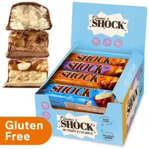 FitnesSHOCK Protein Bars Variety Pack - Gluten Free, No Added Sugar, Low Calorie Low Carb Snack - Peanut Salted Caramel, Hazelnut Caramel, Coconut - 180 Kcal, 0g Added Sugar, 8g Fat, 13g Net Carbs - 12 x 50g