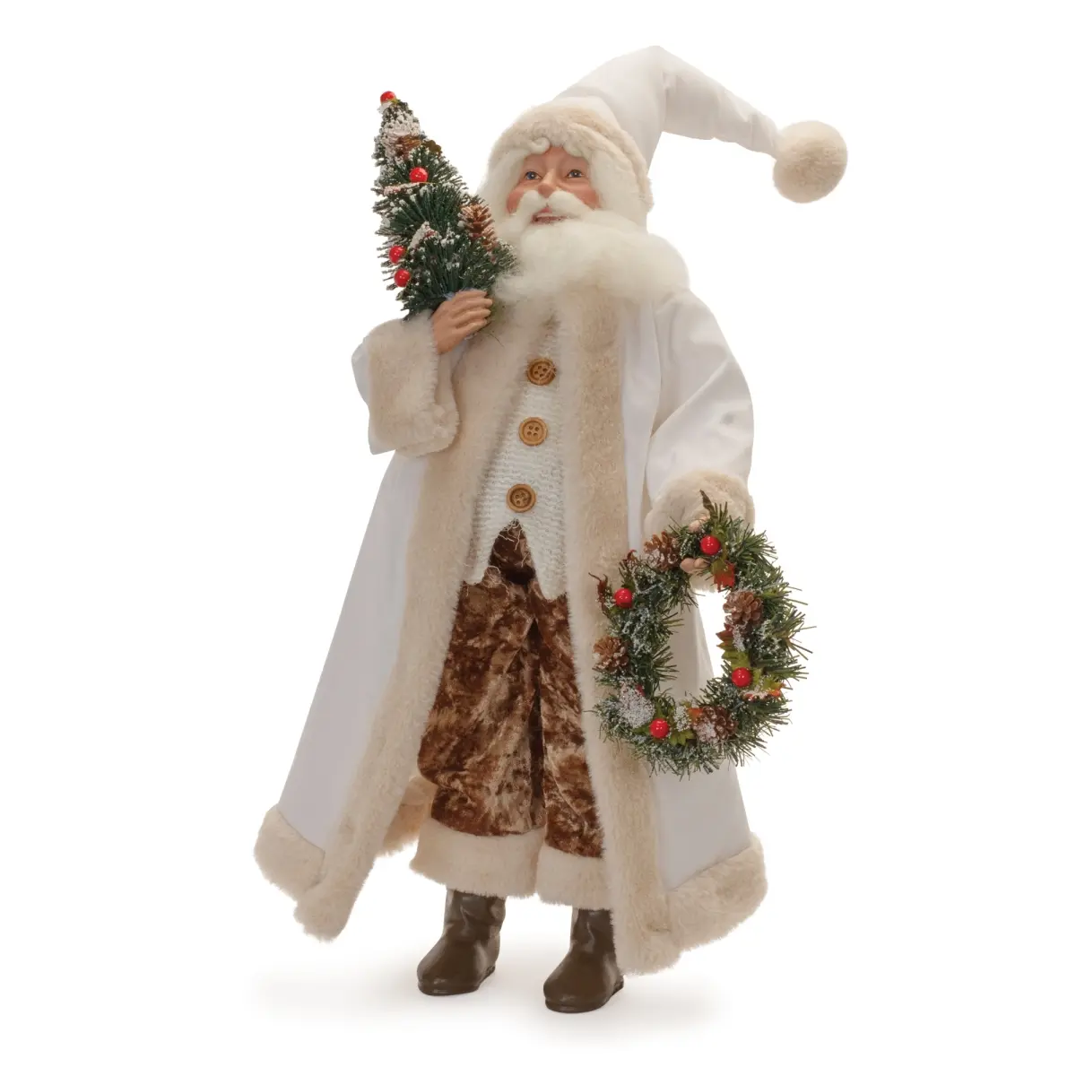 Rustic Decorative Santa Claus Figurine - Traditional Polyester-Resin Christmas Statue with Tree, Wreath, White-Green Decor, Glitter Accents, 21.5 in. & 27.75 in. Options, 9.5x11.5x21.5 in. Dimensions for Home Festive Decor (Statues & Bobbleheads Category)