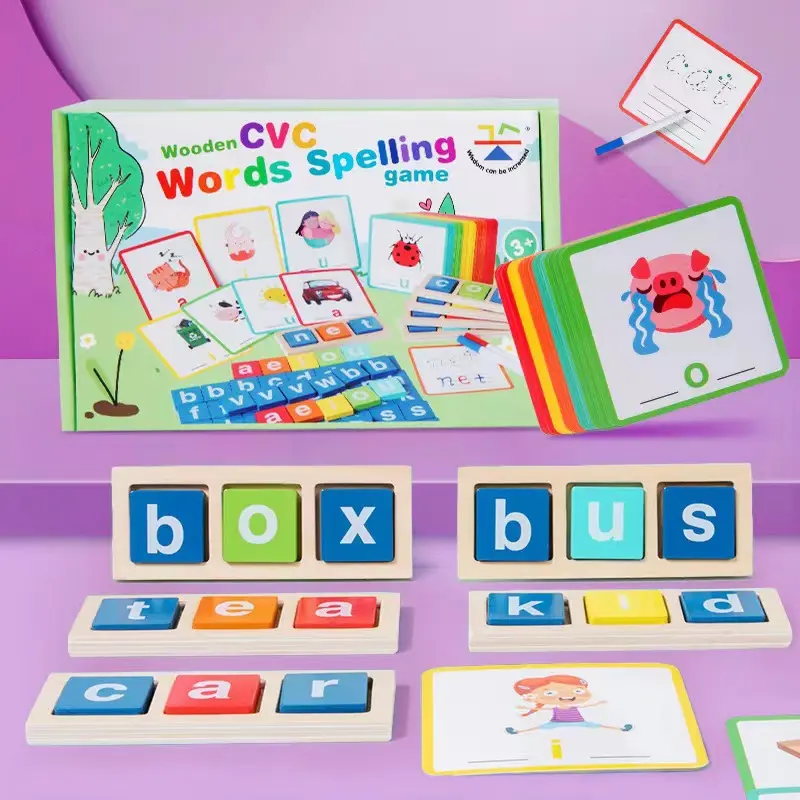 Wooden CVC Word Spelling Game Montessori Sight Words Flash Cards for Kids 3-6