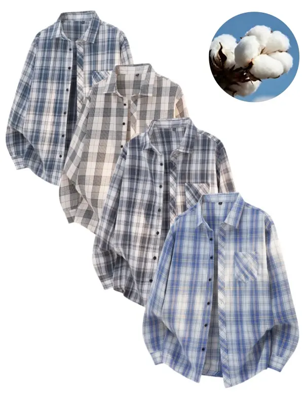 Unisex cotton plaid long-sleeve shirt with a loose fit, buttoned collar, and pockets; soft, breathable, lightweight casual top suitable for men and women’s everyday wear, spring and autumn outfits, and layering looks.