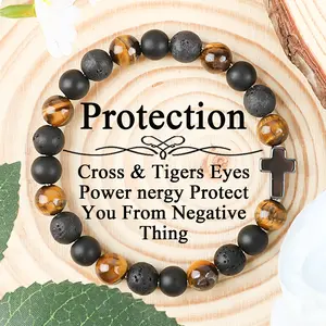 GADASLUY Men's Retro Tiger Eye & Black Bead Bracelet with Cross Pendant - Protective Synthetic Jewelry for Casual Attire, Gift for Him, Boyfriend, Friend