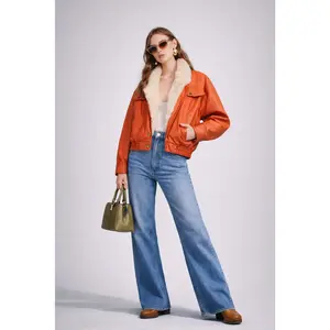 HIGHBALL ORANGE BOMBER LEATHER JACKET WITH FAUX FUR LINING