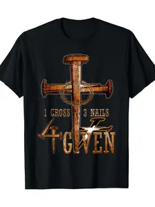 Men's Christian Religious T-Shirt - Heavyweight 180gsm Cotton Tee with 1 Cross 3 Nails 4 Giving Gospel Design - Black & Golden Christian Cross Print - Plus Size Available - Church Events, Everyday Faith Apparel - Machine Washable - Ideal Easter, Christmas