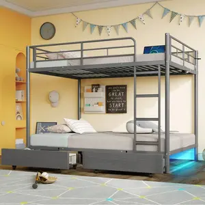 Full Over Full Metal Bunk Bed with Brown Stripe, USB Charging Station, LED Lights, 2 Storage Drawers, Safety Guardrail, Ladder, No Box Spring Needed, Easy Assembly