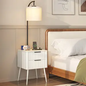 FREDEES Fluted nightstand with - with 3-Color Lights and Lampshades,Modern Night Stand with Charging Station and Motion Senor,Farmhouse Bedside Table with 2 Drawers,Tall Side Table for Bedroom