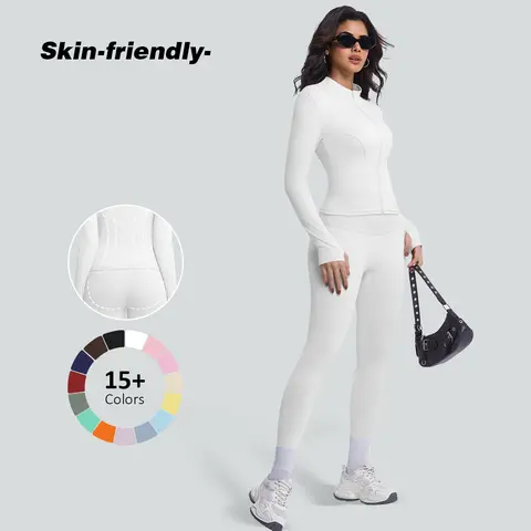 Women's 2‑Piece Modest Sports Set, Quick‑Dry Zip‑Up Jacket & High‑Waisted Slim Above‑Ankle Leggings, Lightweight Breathable Patterned Activewear, Multi‑Color All‑Season Outfit for Yoga Outdoor Running