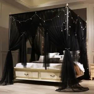 4 Corners Post Princess Bed Canopy Curtain Double Layer Cozy Drape Netting 4 Opening Mosquito Net for Girls & Adults Bedroom Decoration Accessories Double Black Queen Size 59" W*82" L*82" H