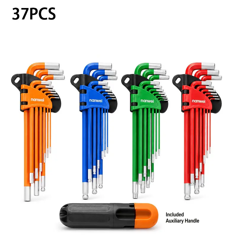 37-Piece Metric Hex Allen Wrench & Torx Star Key Combo Set - CR-V Steel Ball End Long Arm Color-Coded with T-Handle Helper, Industrial-Grade Hand Tools for Automotive Mechanics, Bike Repair
