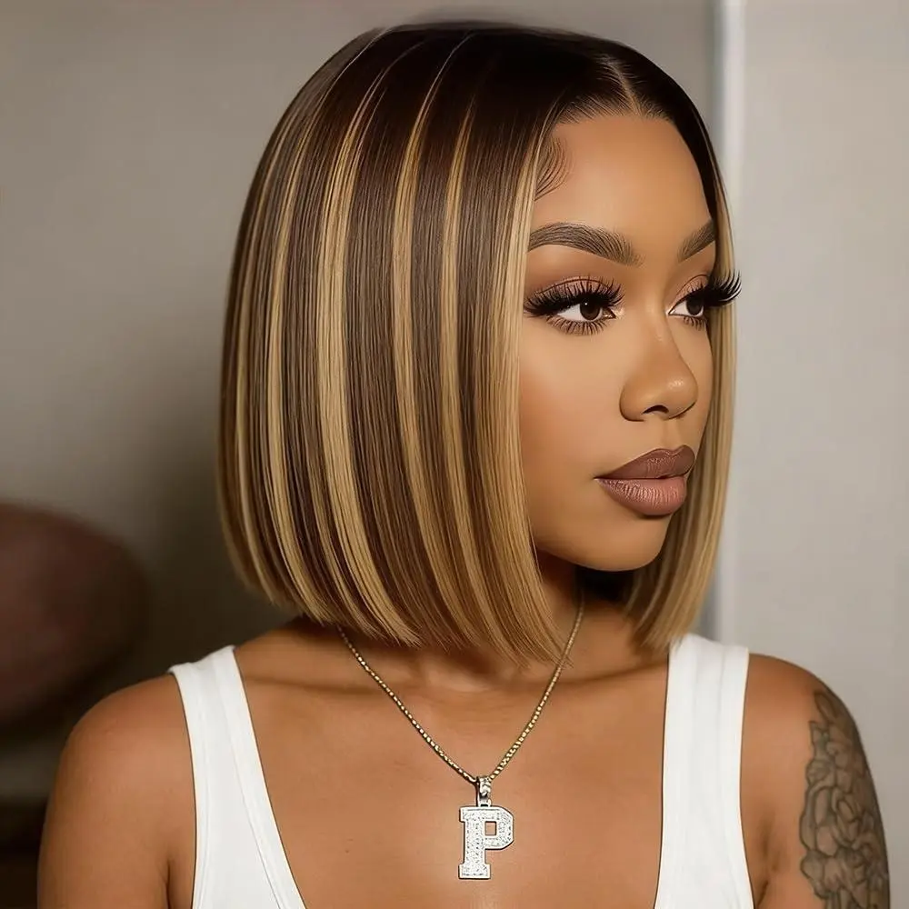 Human Hair Wigs  4/27 Honey Blonde Highlight Ombre Bob Wig Human Hair Highlight Ombre 4x4 HD Lace Front Pre Plucked 180 Density Short Bob Wigs for Women Glueless 10 Inch summerwins