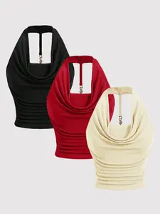 Elegant Backless Halter Neck Pendant Crop Top Set for Women, Classy Tops, Spring Summer Fall Fashion, Comfortable and Stylish Three-Piece
