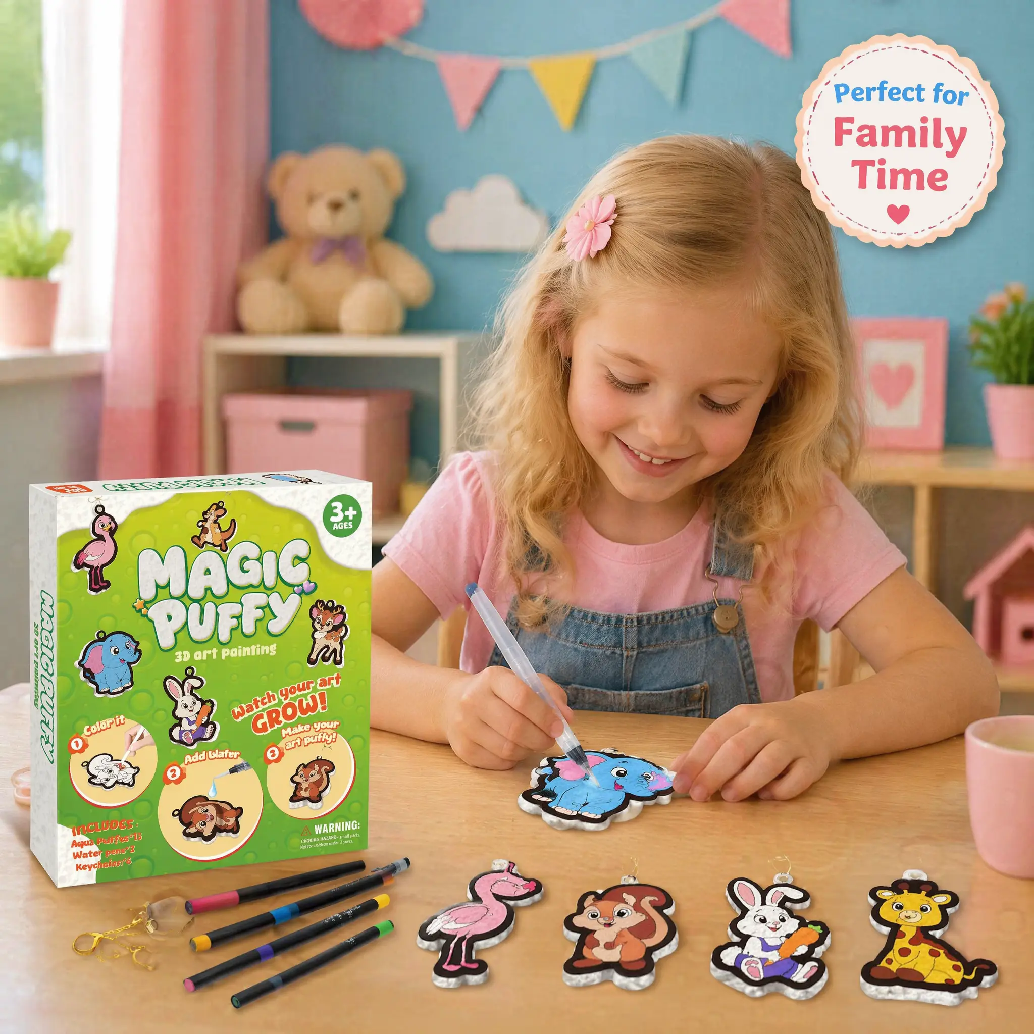 Aqua Puffs 3D Art Set - 15 Bright & Smooth Art Sheets, No Glue No Mess DIY Painting Toy with Water Pen, Travel-Friendly for 3-10 Years, Unisex Holidays Birthday Gifts, Screen-Free Fun