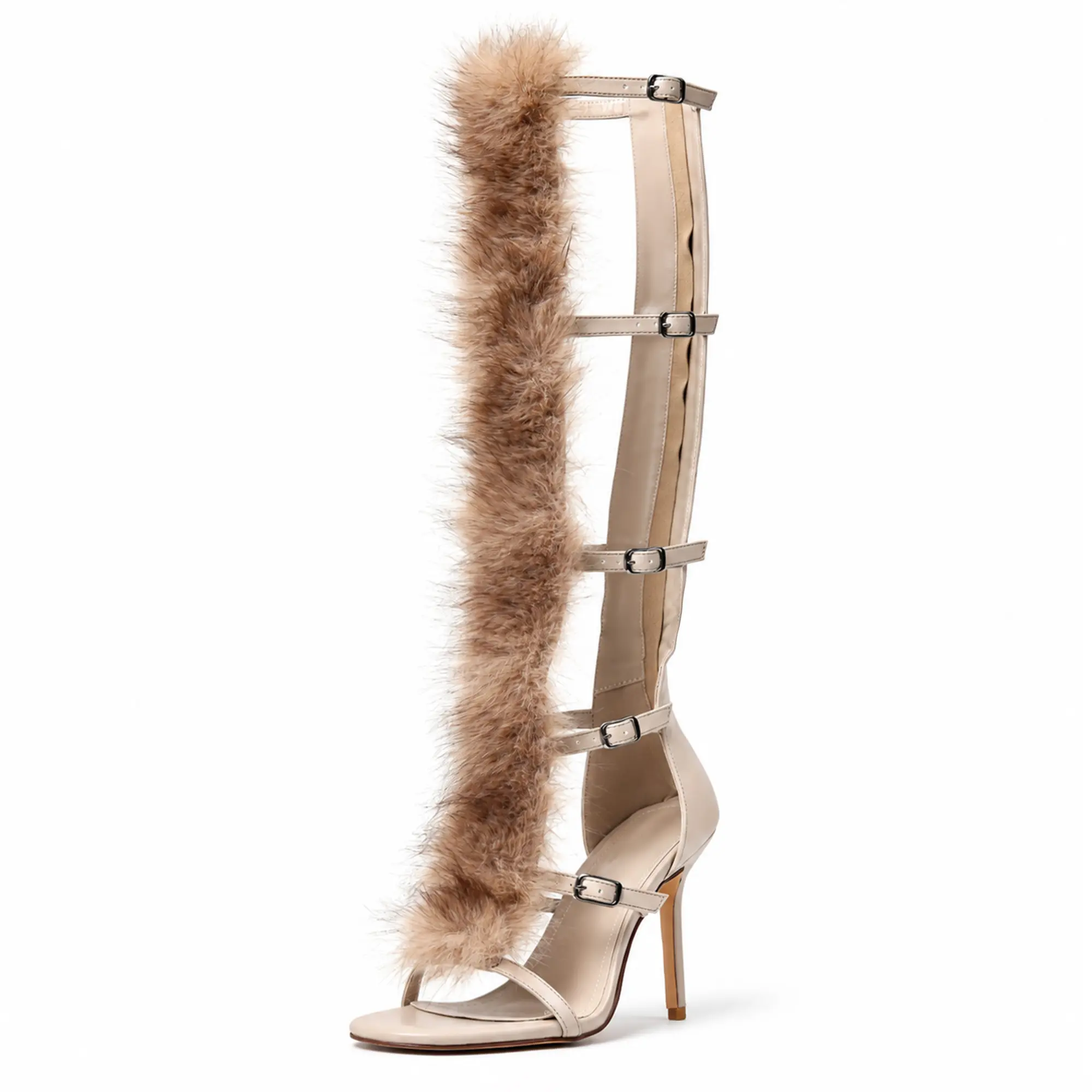 Women's Fur Trim Gladiator Heels with Stiletto Heel Style Open Toe Multi Buckle Knee High High Fashionable Party Dress Shoes