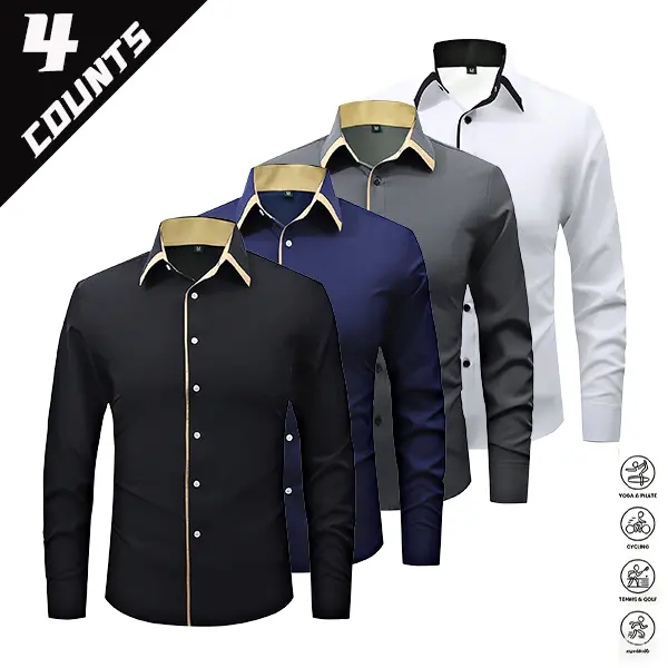 Men’s 4-Pack Color-Blocked Long-Sleeve Shirts - Drapey, Smooth Wrinkle-Resistant Menswear Casual Tops with Relaxed Fit Fabric, Suitable for Light Business, Dates