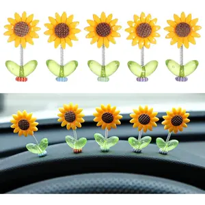 Summervibes Sunflower Car Dashboard Ornament Set, Shaking Head Creative Interior Accessory for Center Console, Automotive Decoration Gift