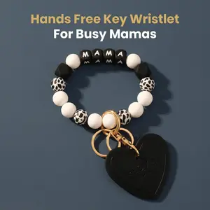 Mama Black Wristlet Keychain with Heart Charm, Mom Wrist Lanyard Key Ring, Perfect Mother's Day Gift for Mama