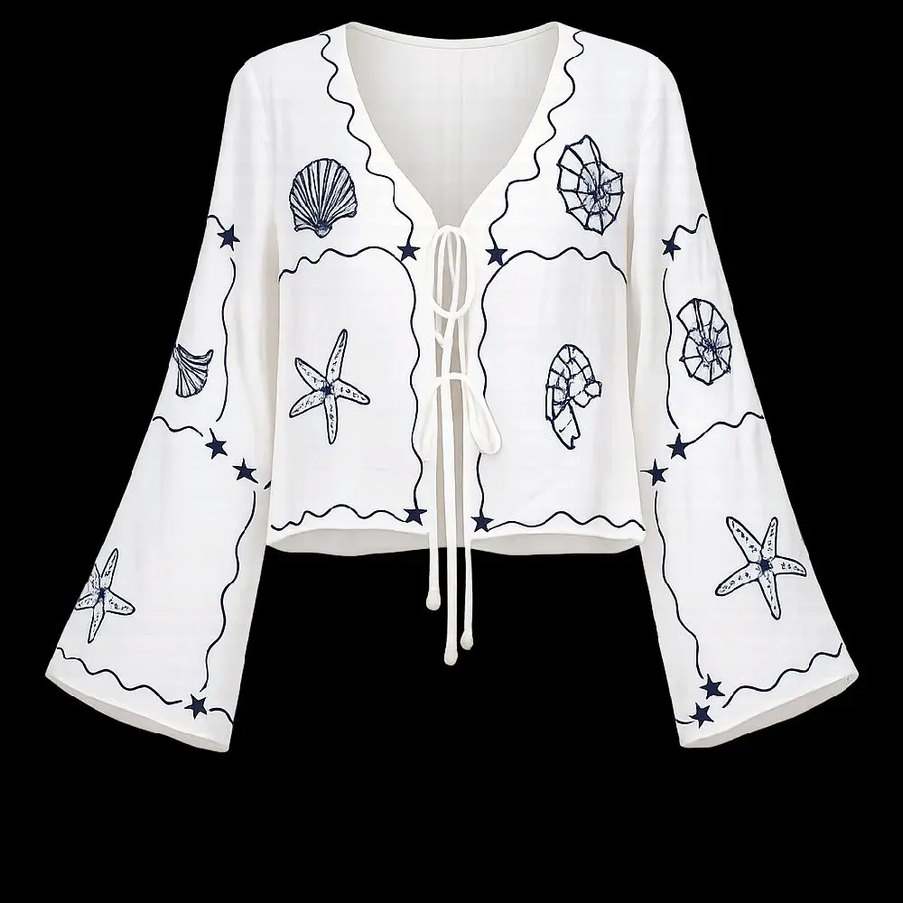 Women's Nautical Beach Top - Shell-Embroidered, Tied-Front, Breathable Fabric