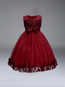 Girl's Contrast Lace Bow Decor Satin Party Dress, Elegant Round Neck Sleeveless Zipper Back Tulle Tutu Dress for Party Outfits, Party Performance Wedding Guest, Kids Clothes for All Seasons, Ribbon Dress