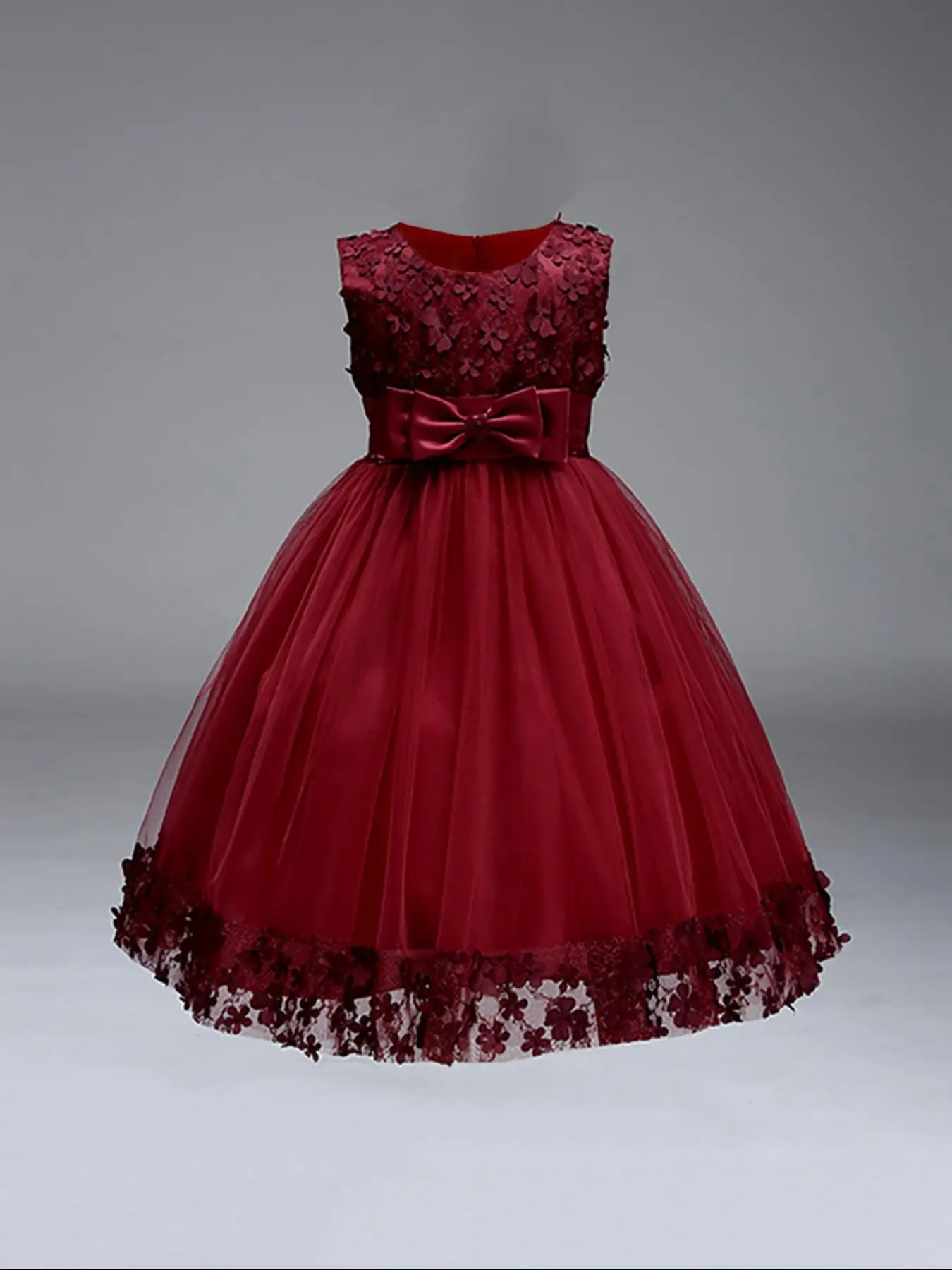 Girl's Contrast Lace Bow Decor Satin Party Dress, Elegant Round Neck Sleeveless Zipper Back Tulle Tutu Dress for Party Performance Wedding Guest, Kids