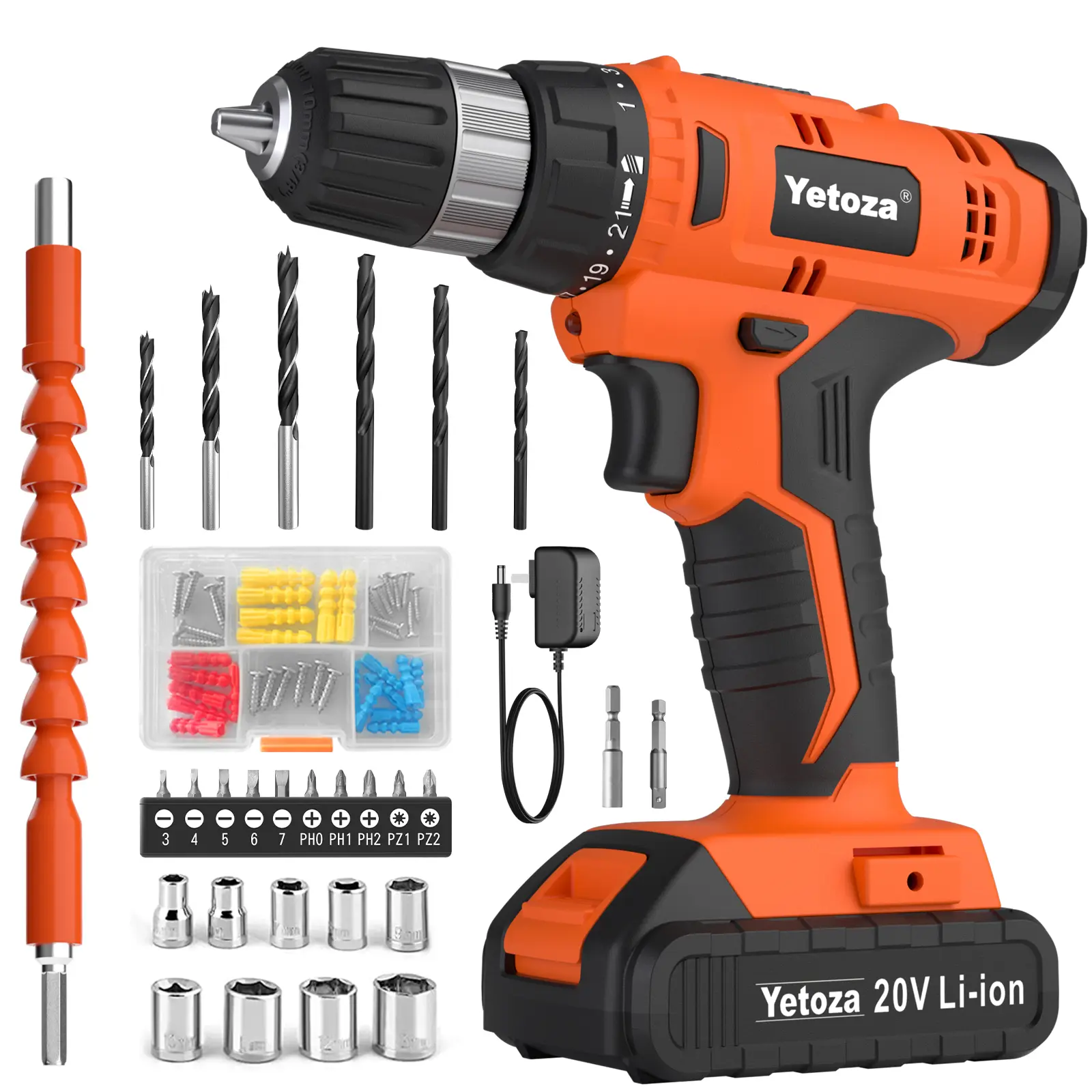 Yetoza 20V Cordless Drill Set, 30N.m Torque Power Drill with Battery & Charger, 21+1 Settings, 3/8" Chuck, LED Light, Bits Kit Included – Tools for Home & Workshop Use,father'sdaygifts