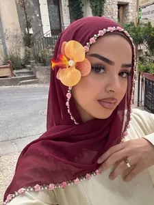 1pc burgundy chiffon rose embroidery diamond scarf, light and breathable Hijab gentle style Abaya matching hijab seaside resort atmosphere scarf For muslim
