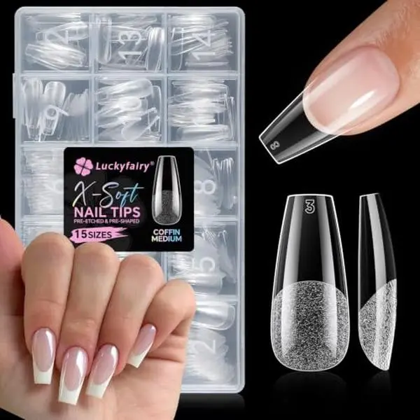 Luckyfairy Medium Coffin Nails Tips, 15 Sizes Pre-Etched Clear Coffin Press on Nails, 270PCS Fake False Nail Extension DIY at Home, Half Matte, Full Cover, Break-Resistant Gelly Tips