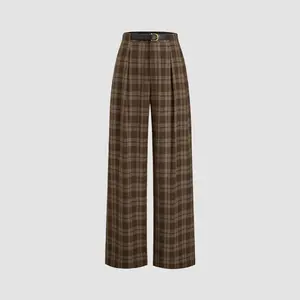 Cider [2 colors, size 2-26] Mid Rise Checks Pocket Wide Leg Trousers With Belt