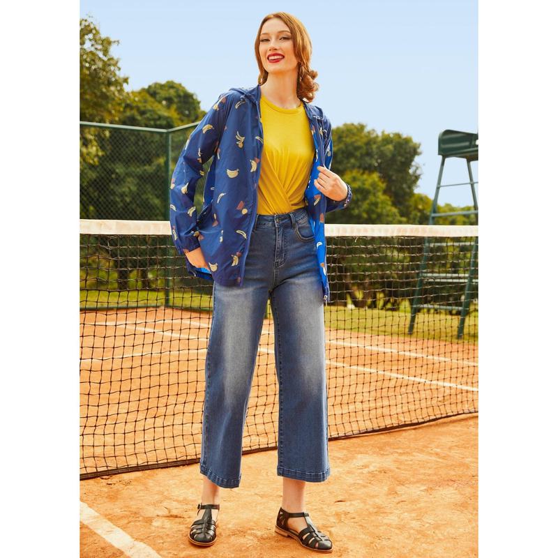 ModCloth Mind at Breeze Windbreaker Jacket with Pockets, Hood, Zipper Front, Water Resistant, Banana Fruit Print - Navy Blue (XS-4X)