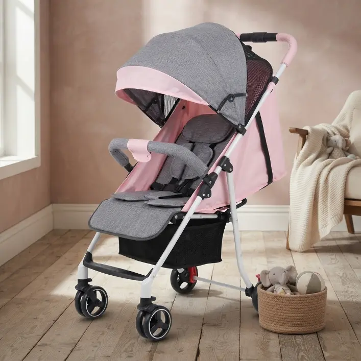 Simple and convenient baby stroller - compactly foldable, multi-position tiltable and detachable, also equipped with a sunshade and storage basket.