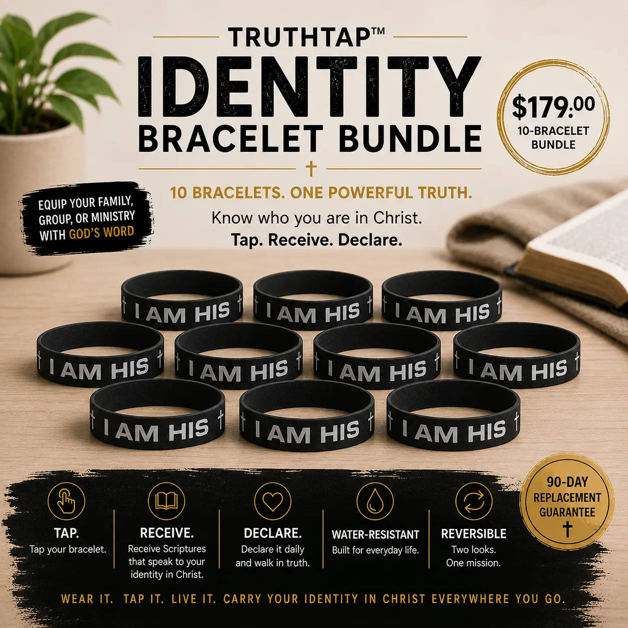 TruthTap Reversible Water-Resistant Identity Bracelet Ministry Bundle - 10 Unisex Fit Bracelets, Mix & Match Size Variety, Ministry Wear Accessories