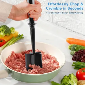 2-Pack Heat-Resistant Meat Chopper, 5 Curved Blades Non-Scratch Meat Masher for Ground Beef, Hamburgers & Potatoes (Black)