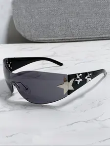 Unisex Street Style Star Design Wrap Around Sunglasses, Trendy Casual Sunglasses, Trendy Y2K Sunglasses for Everyday Use, Fashionable Versatile Sunglasses for Men & Women