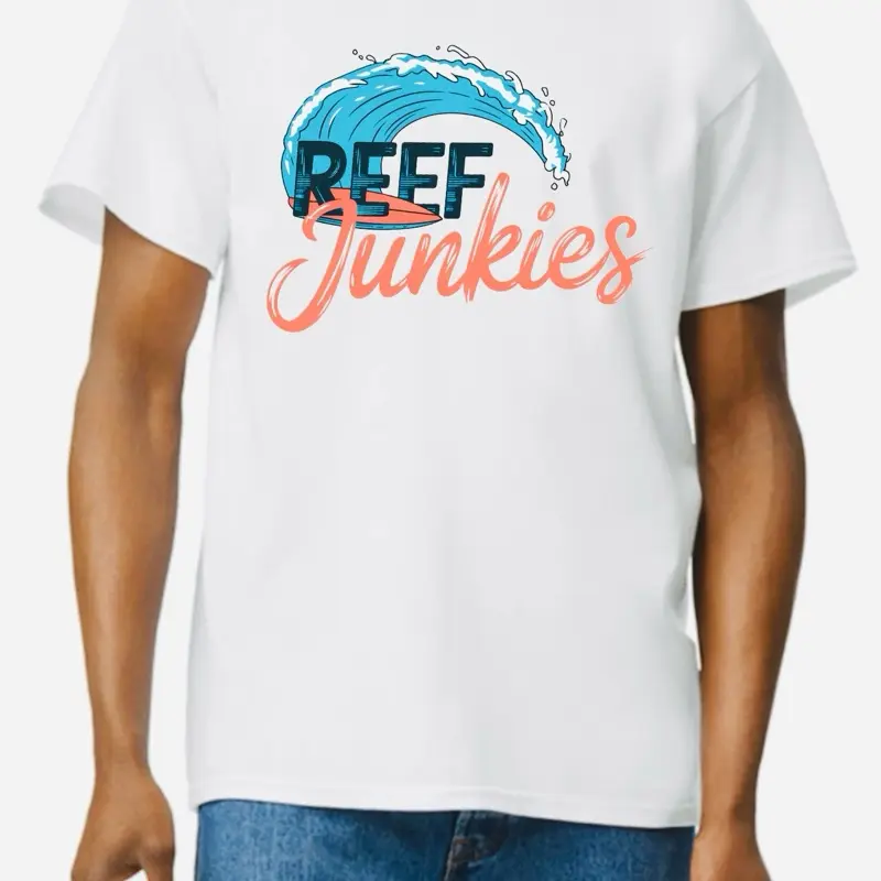 REEF JUNKIES Graphic T-Shirt - White Crew Neck with Unique Design, Regular Sleeve, Casual Style for Beach and Fashion Occasions - Top, Menswear Tropical Shortsleeve