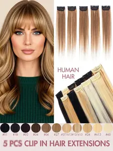 5pcs/set Real Human Hair Extensions, Straight & Ombre, Clip-In Natural, Easy Installation, Perfect for Cosplay & Parties