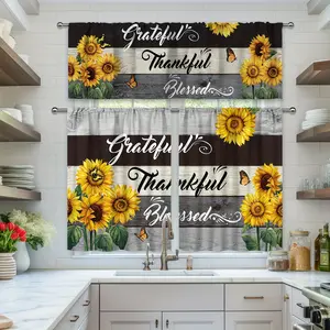 1pc Valance/ 2pcs Windows, Sunflower Inspirational Quotes Kitchen Curtain Valance Set Country Farmhouse Wood Panel Floral Plants Positive Quote Art Rod Living Room Bedroom Restaurant Cafe Office Home Decor casual party decoration high ceiling room decor