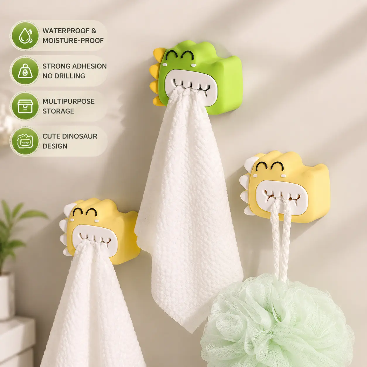 Cute Dinosaur Design Adhesive Towel Clip - 1 Count Wall Hanging Adhesive Hook, No-Punch Moisture-Proof Towel Hold, Bathroom Indoor Home Organization Hanger