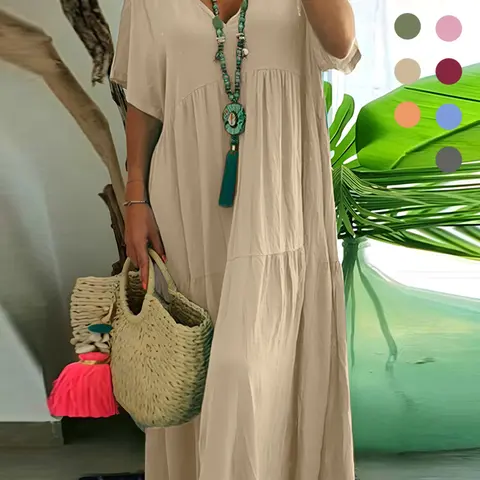 Plus Size Women's Summer Casual Wear, Loose V-Neck Plain Long Dress Boho Style, Short Sleeve, Tiered Layer, Spring & Fall Fashion