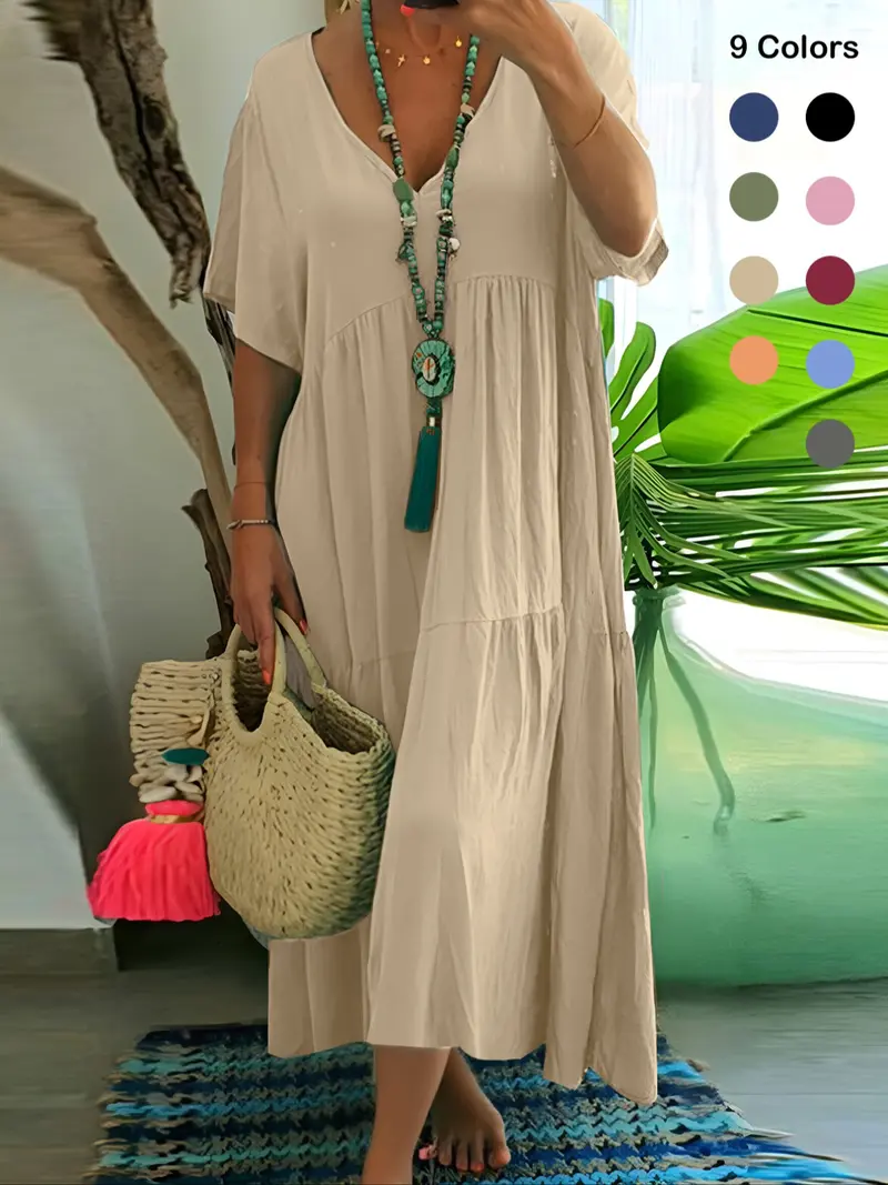 Women's Plus Size Solid Ruffle Hem Tiered Layer Smock Dress, Boho  V Neck Butterfly Sleeve Dress for Spring & Fall, Women's Clothes for Daily Wear