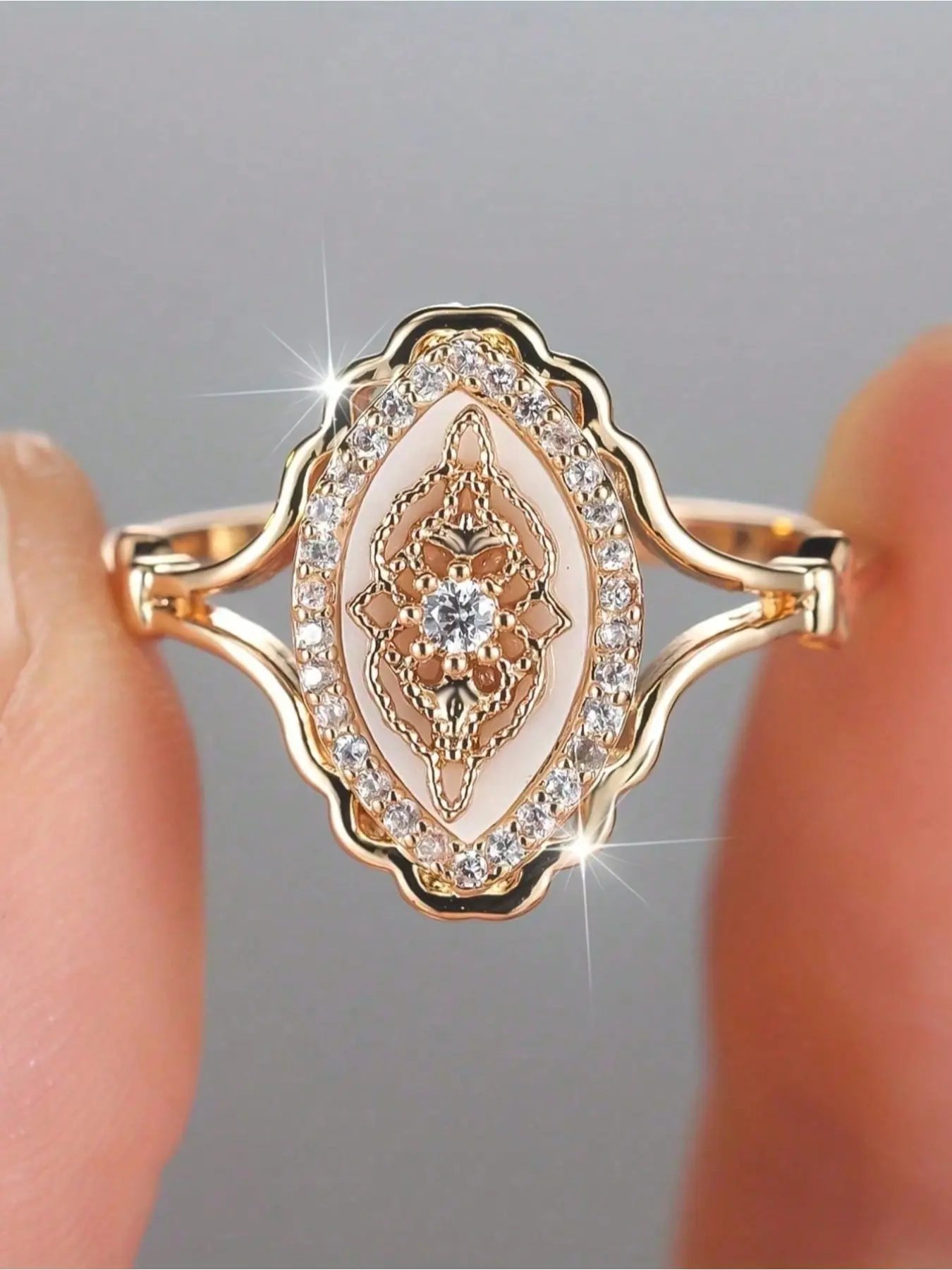 Bohemian Inlaid Simulated Shell Rose golden Plated Ring, Boho Style Rings, Luxurious Party Holiday Everyday Wear
