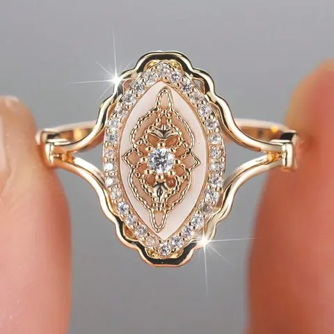 Bohemian Inlaid Simulated Shell Rose golden Plated Ring, Boho Style Rings, Luxurious Party Holiday Everyday Wear