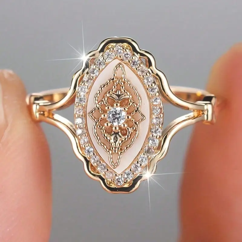 Bohemian Inlaid Simulated Shell Rose golden Plated Ring, Boho Style Rings, Luxurious Party Holiday Everyday Wear