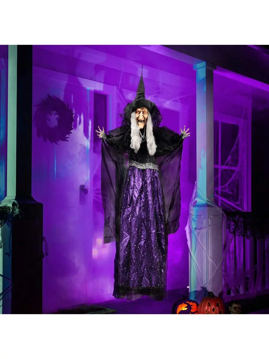 47'' Animated Witch Halloween Decorations Outdoor Indoor, Scary Halloween Animatronics Decor, Hanging Ghost Talking Sound Activated Led Lights Eyes Haunted House Yard Garden Lawn