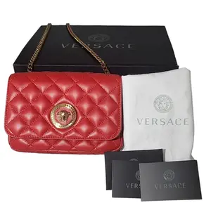 Pre-owned VERSACE Lambskin Leather Crossbody Bags Quilted Shoulder Bag Crossbody with Medusa and Greca Hardware
