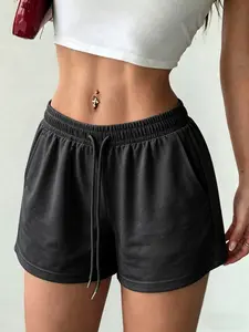 Women's Summer Plain Elastic Waist Drawstring Casual Shorts, Loose-Fitting Home Gym Shorts, Soft Comfortable Daily Wear