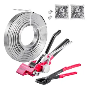 fathersdaygift VEVOR Steel Banding Strapping Kit, Heavy Duty Banding Sealer Tool with 200 ft Binding Straps, 200 Metal Clasps, Manual Pallet Packaging Strapping Kit for Warehouse, Transportation, Industrial Bundling