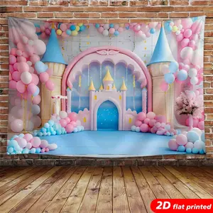 Princess Castle Tapestry Wall Hanging Pink Blue Balloon Birthday Design 2D Flat Printed Backdrop for Girls Birthday Party Photo Booth Kids Room Decor Fairy Tale Decorative