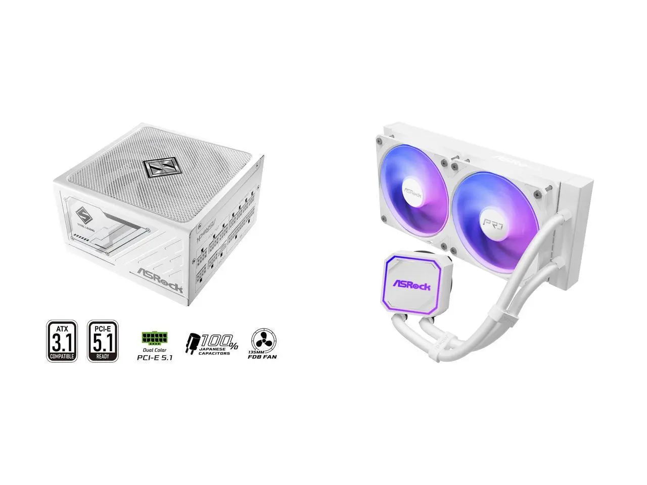 ASRock SL-1000GW Gold 1000W Full Modular Power Supply ASRock AIO Pro White 240 ARGB 27mm radiator, ARGB waterblock, ARGB Hub-lighting fan, white version