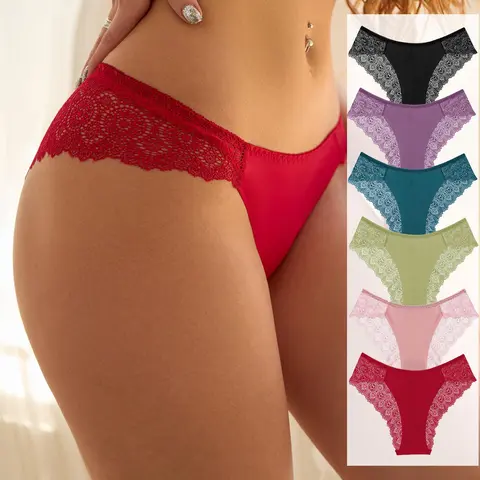Women's Contrast Lace Panty, Solid Soft Breathable Comfy Fit Underwear for Daily Wear, All-Season Casual Knickers, Casual Everyday Panties