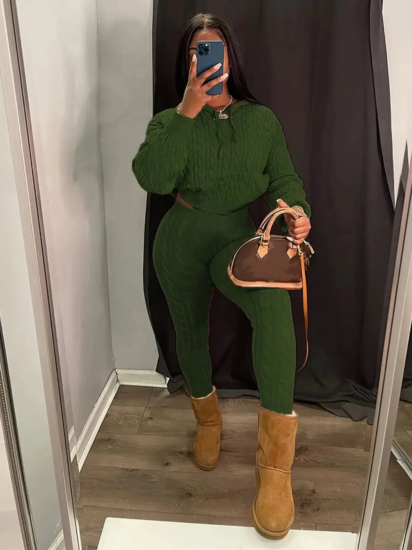 Women's Minimalist Textured Long Sleeve Crop Hooded Sweater & High Waist Skinny Fitted Pants Set, Casual Cozy Chic Ladies' Knitwear, Basic Womenswear Outfit, Fitted Clothing Set, Casual Style Set, Clothes