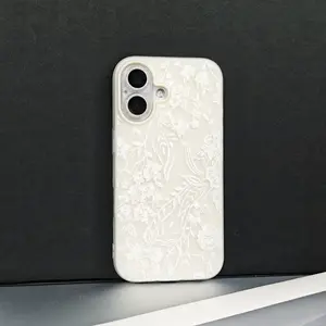 White Lace Flower Pattern Phone Case Compatible with iPhone 17, 16, 15, 14, 13 Pro Max, Plus, and the stylish iPhone 16 Plus. Stylish, shock-resistant, stain-resistant, and full-coverage.